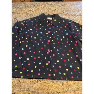 Vtg Studio Works Petite Black Colorful Polka Dot Embroidered Button Up Top PL‎